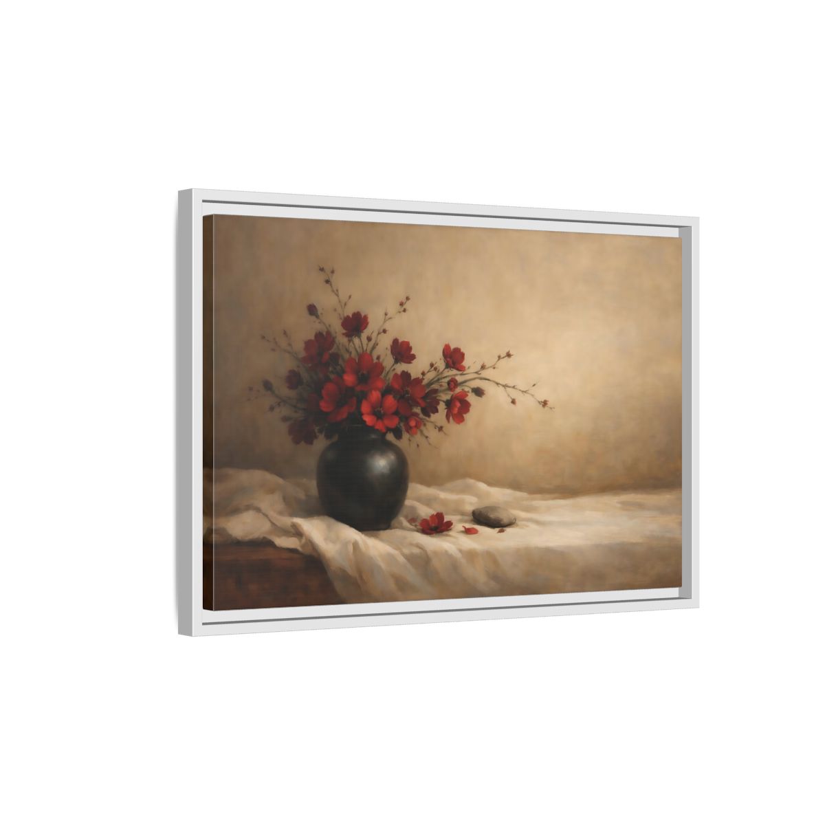 Side Mockup 1. Floral Red Flowers Red Flowers Still Life shown as stretched canvas wall art