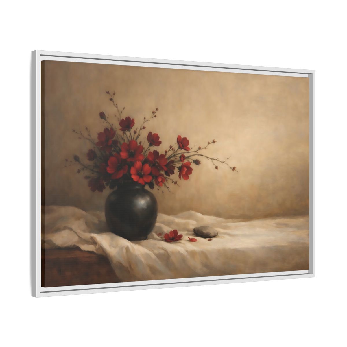 Side Mockup 8. Floral Red Flowers Red Flowers Still Life shown as stretched canvas wall art