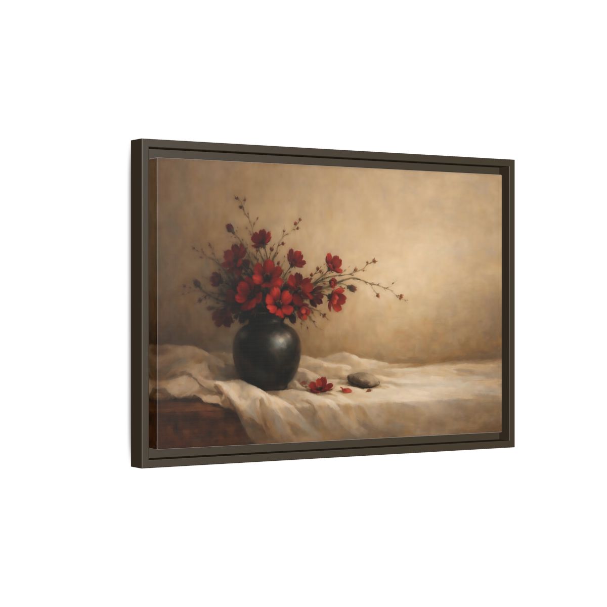 Side Mockup 2. Floral Red Flowers Red Flowers Still Life shown as stretched canvas wall art