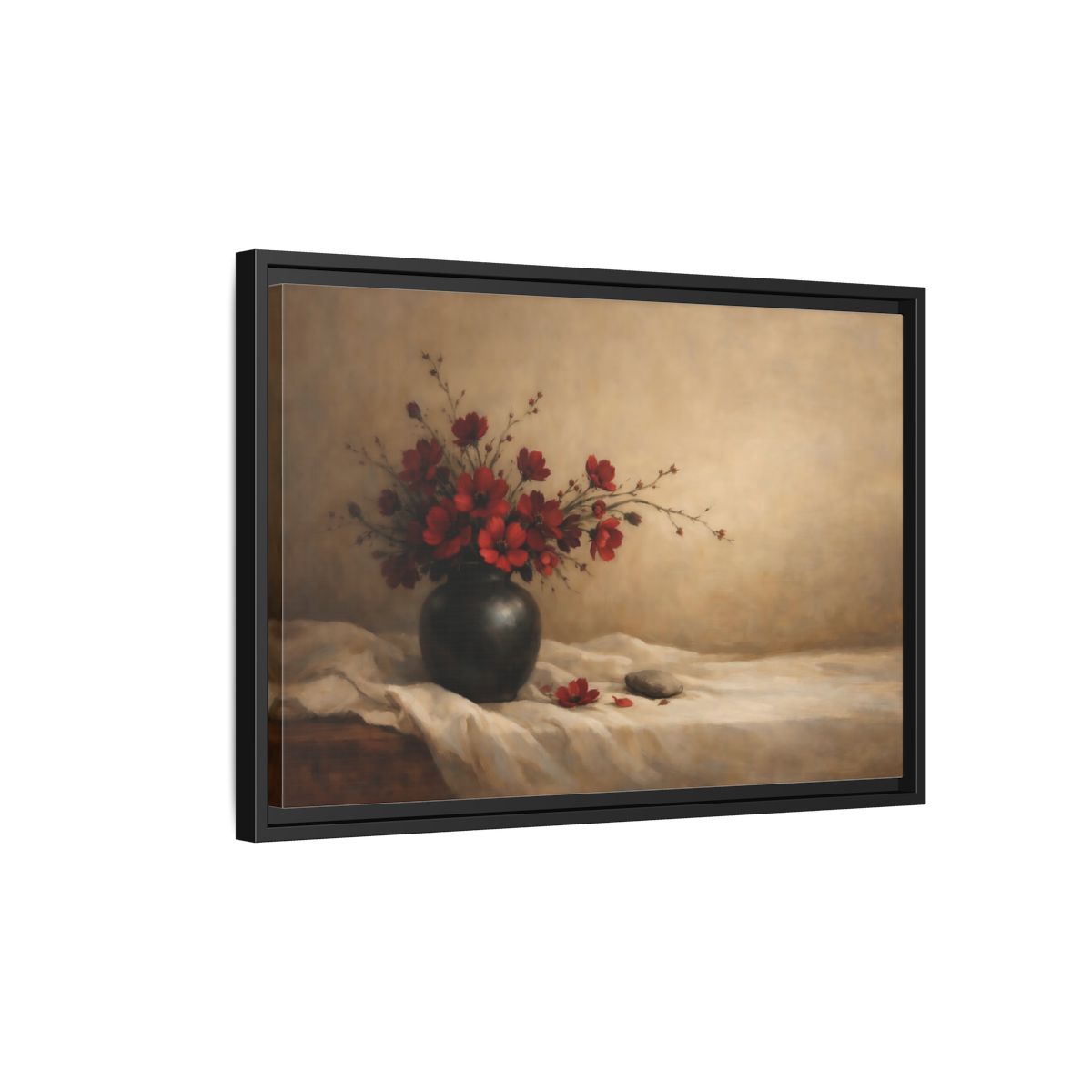 Side Mockup 3. Floral Red Flowers Red Flowers Still Life shown as stretched canvas wall art