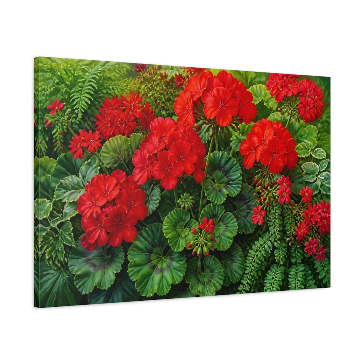 Main Mockup. Floral Red Geraniums shown as canvas print