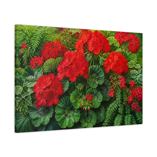 Main Mockup. Floral Red Geraniums shown as canvas print