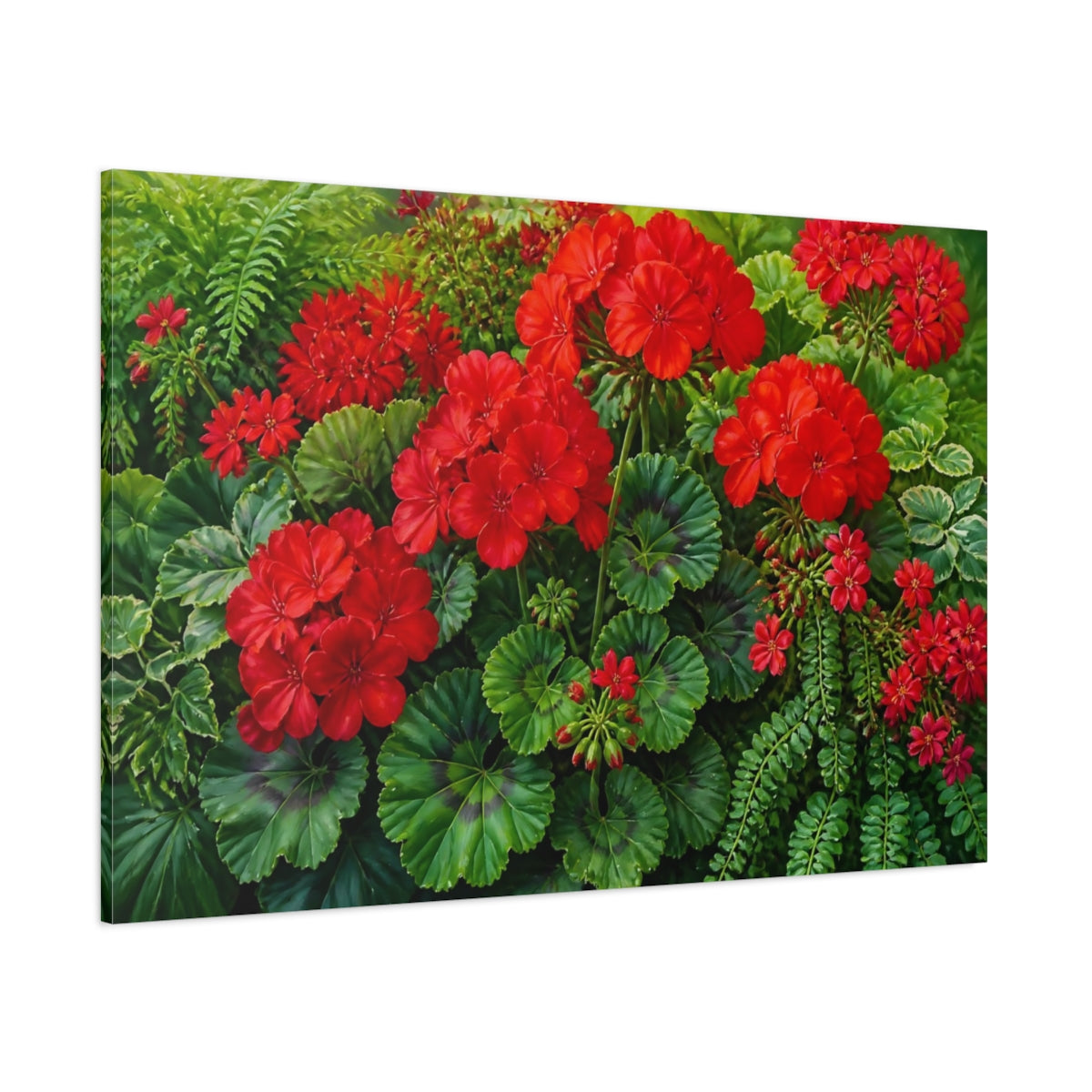 Side Mockup 1. Floral Red Geraniums shown as canvas print