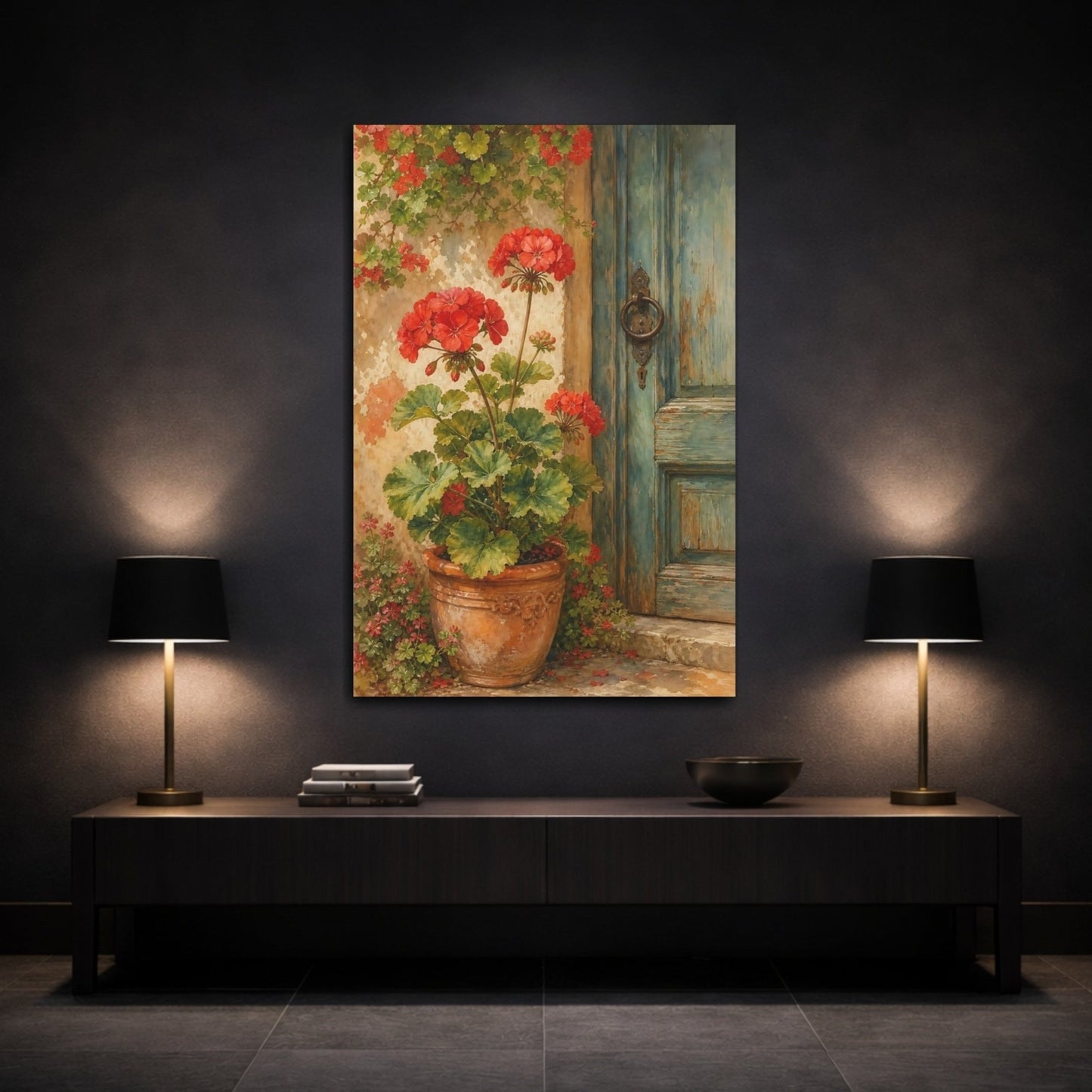 Floral Red Geraniums Canvas Print Wall Art – Watercolor Living Room, Above Sofa - YesArtYes