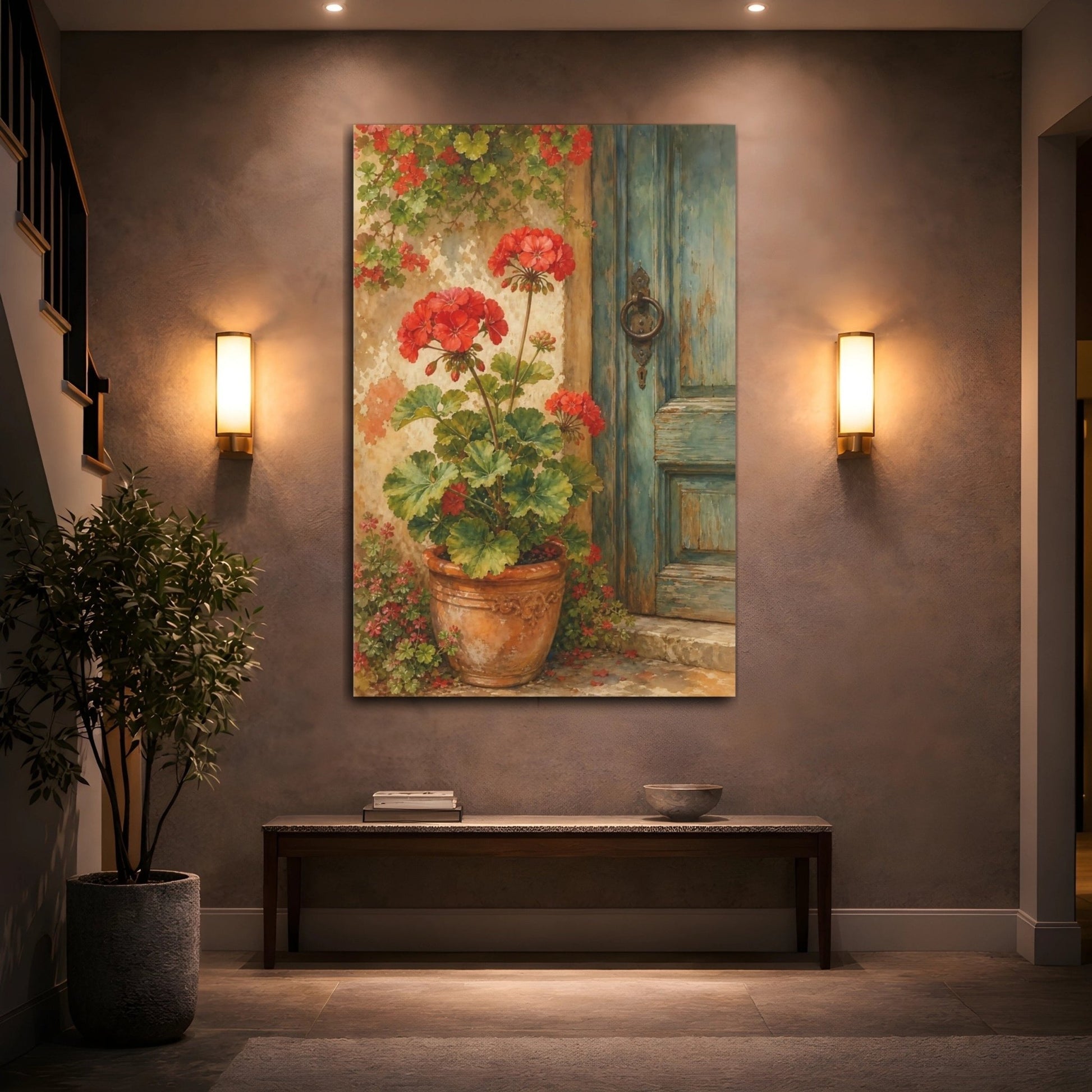 Floral Red Geraniums Canvas Print Wall Art – Watercolor Living Room, Above Sofa - YesArtYes