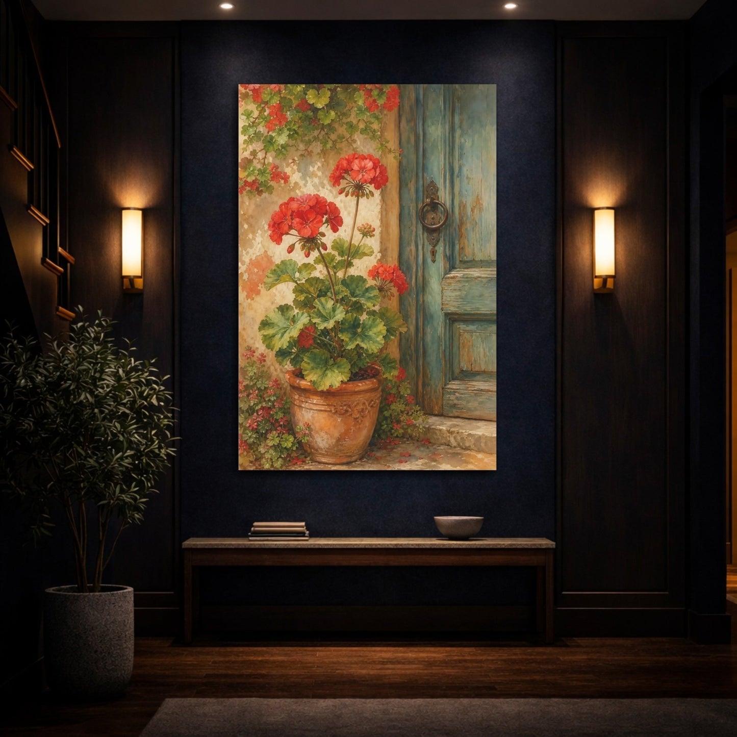 Floral Red Geraniums Canvas Print Wall Art – Watercolor Living Room, Above Sofa - YesArtYes
