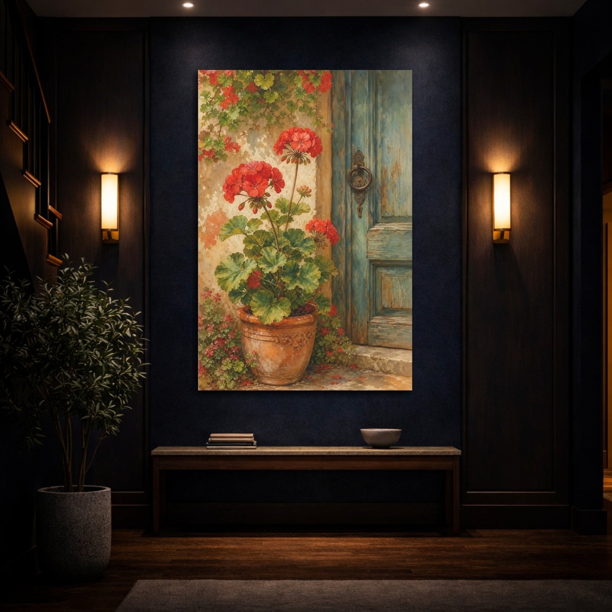 Floral Red Geraniums Canvas Print Wall Art – Watercolor Living Room, Above Sofa - YesArtYes
