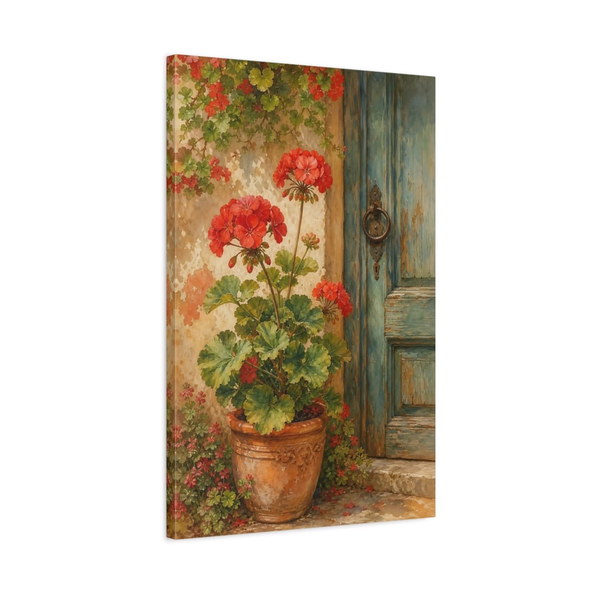 Floral Red Geraniums Canvas Print Wall Art – Watercolor Living Room, Above Sofa - YesArtYes