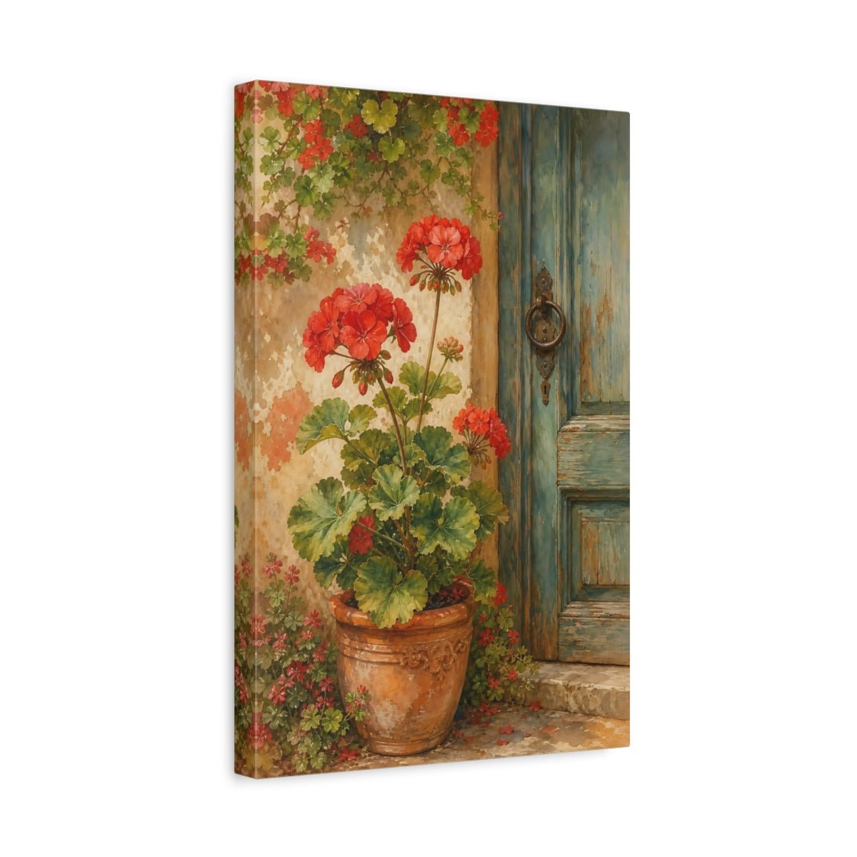 Floral Red Geraniums Canvas Print Wall Art – Watercolor Living Room, Above Sofa - YesArtYes
