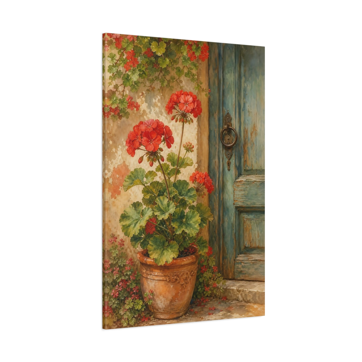 Side Mockup 1. Floral Red Geraniums Red Geraniums shown as canvas print