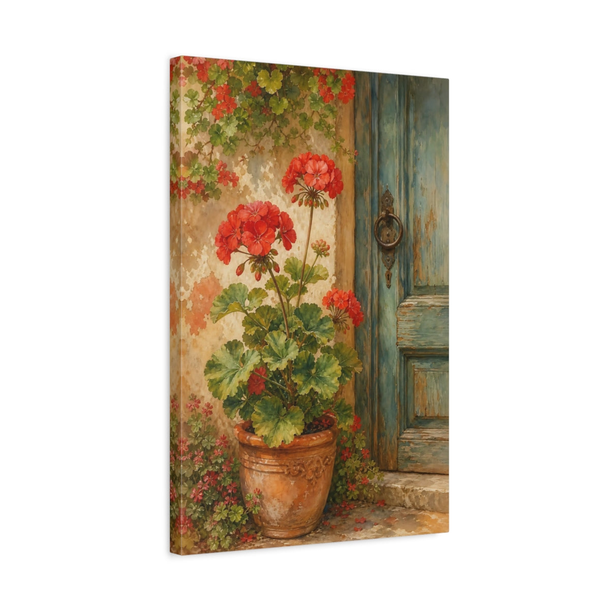 Side Mockup 3. Floral Red Geraniums Red Geraniums shown as canvas print