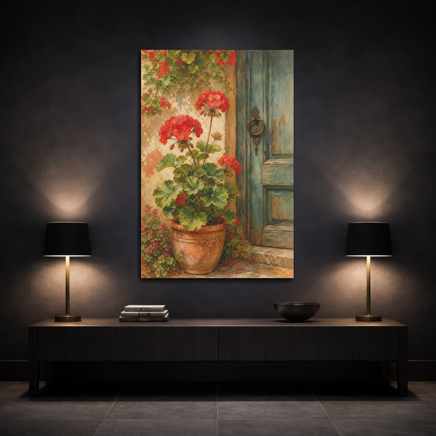 Mockup 3. Floral Red Geraniums Red Geraniums shown as canvas print