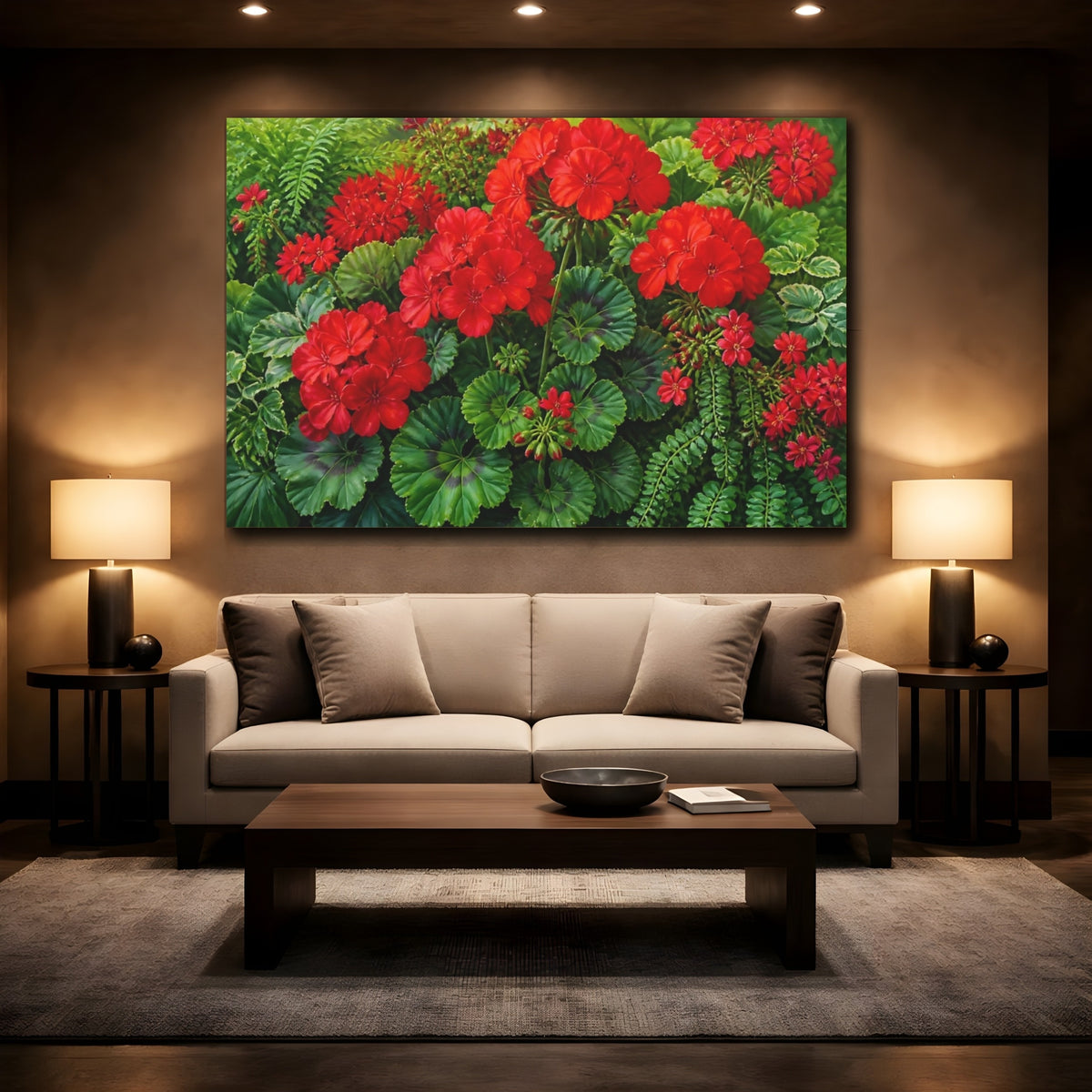 Mockup 2. Floral Red Geraniums shown as canvas print