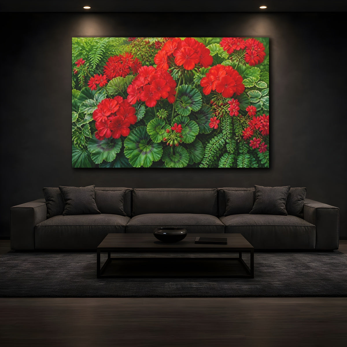 Mockup 3. Floral Red Geraniums shown as canvas print