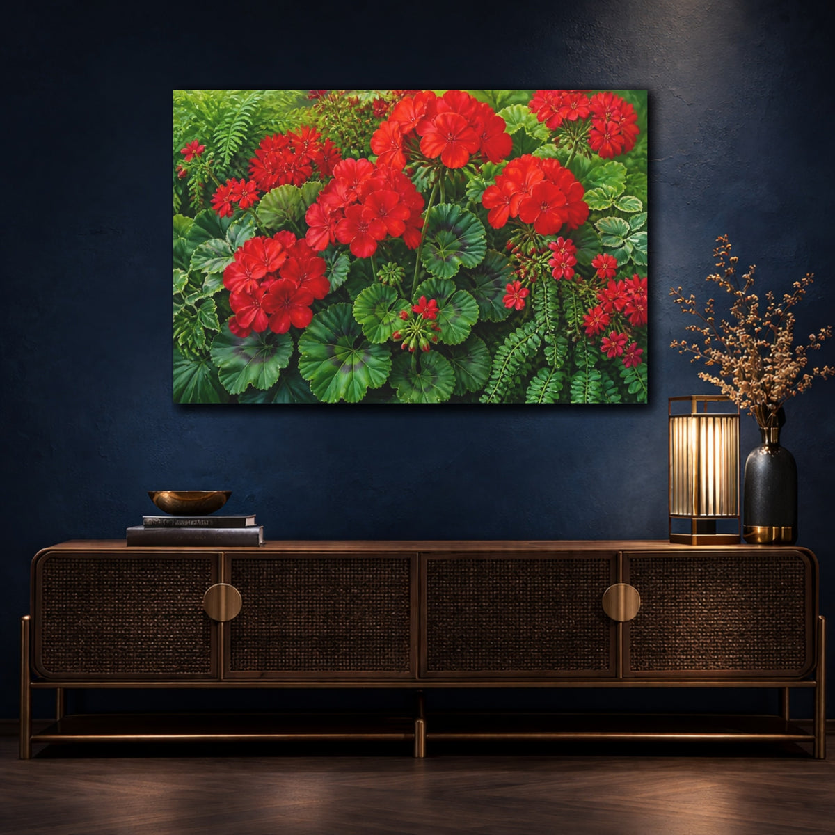 Mockup 4. Floral Red Geraniums shown as canvas print