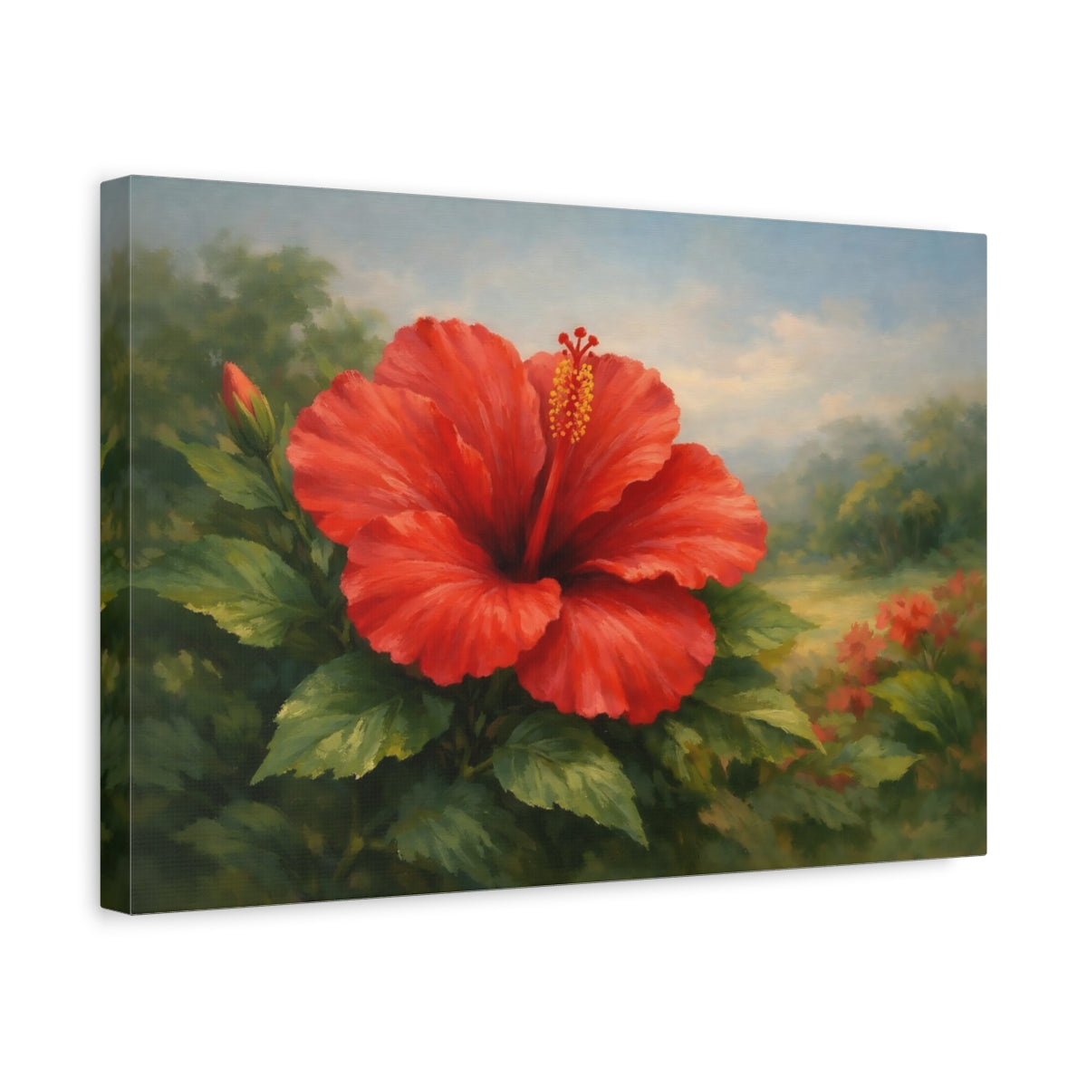 Side Mockup 4. Floral Red Hibiscus Red Hibiscus shown as stretched canvas wall art
