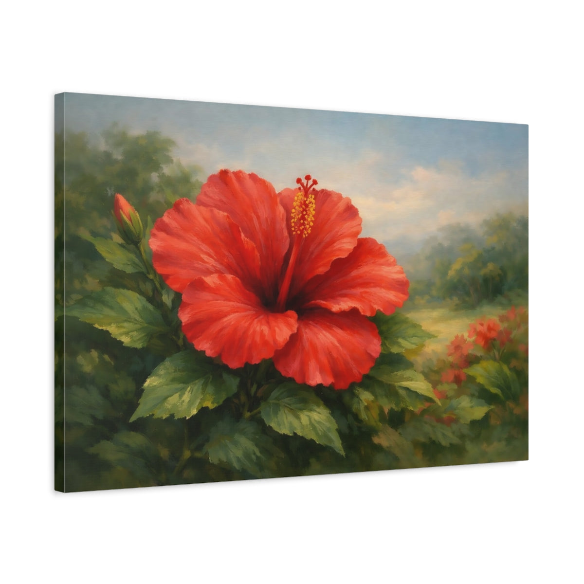 Side Mockup 2. Floral Red Hibiscus Red Hibiscus shown as stretched canvas wall art