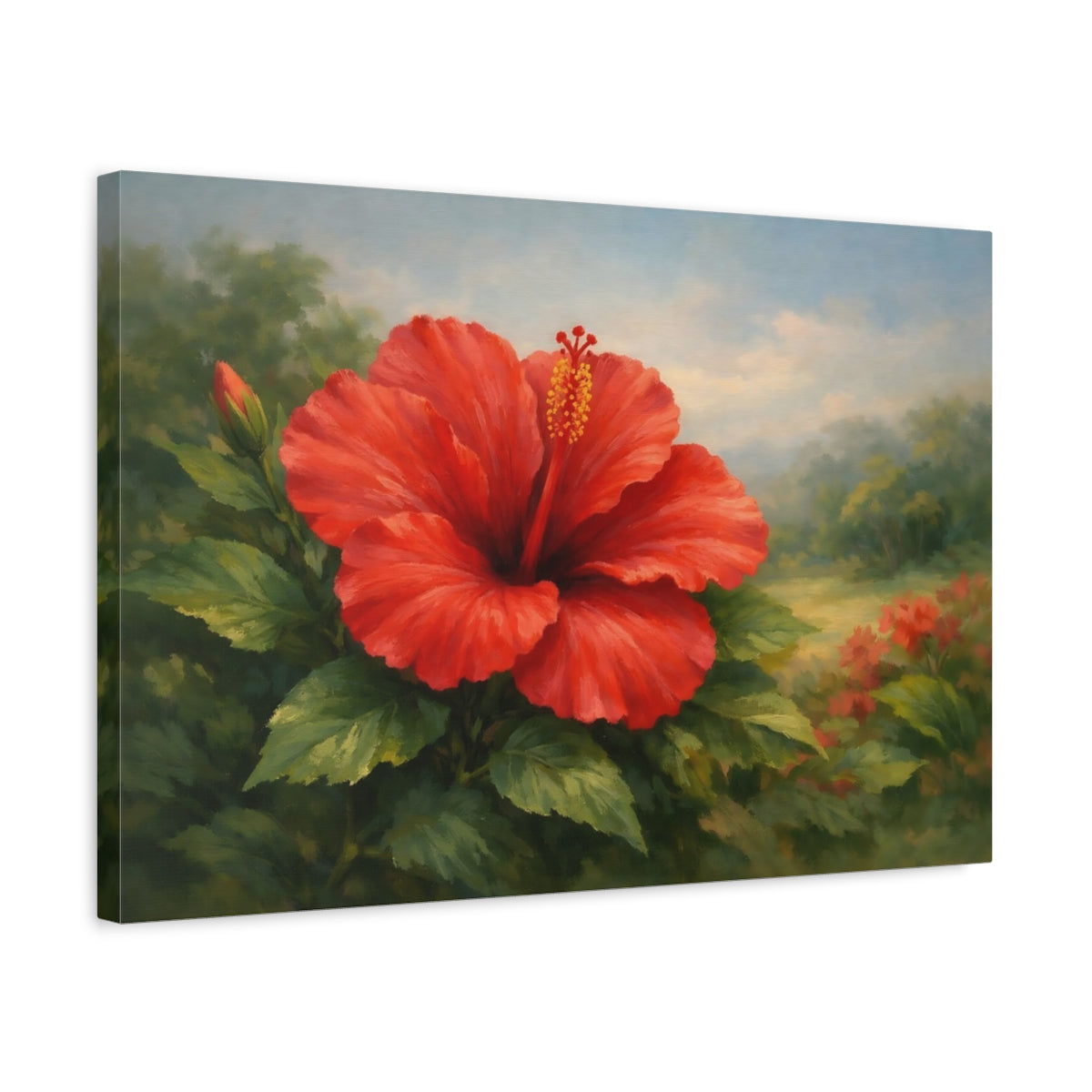 Side Mockup 3. Floral Red Hibiscus Red Hibiscus shown as stretched canvas wall art