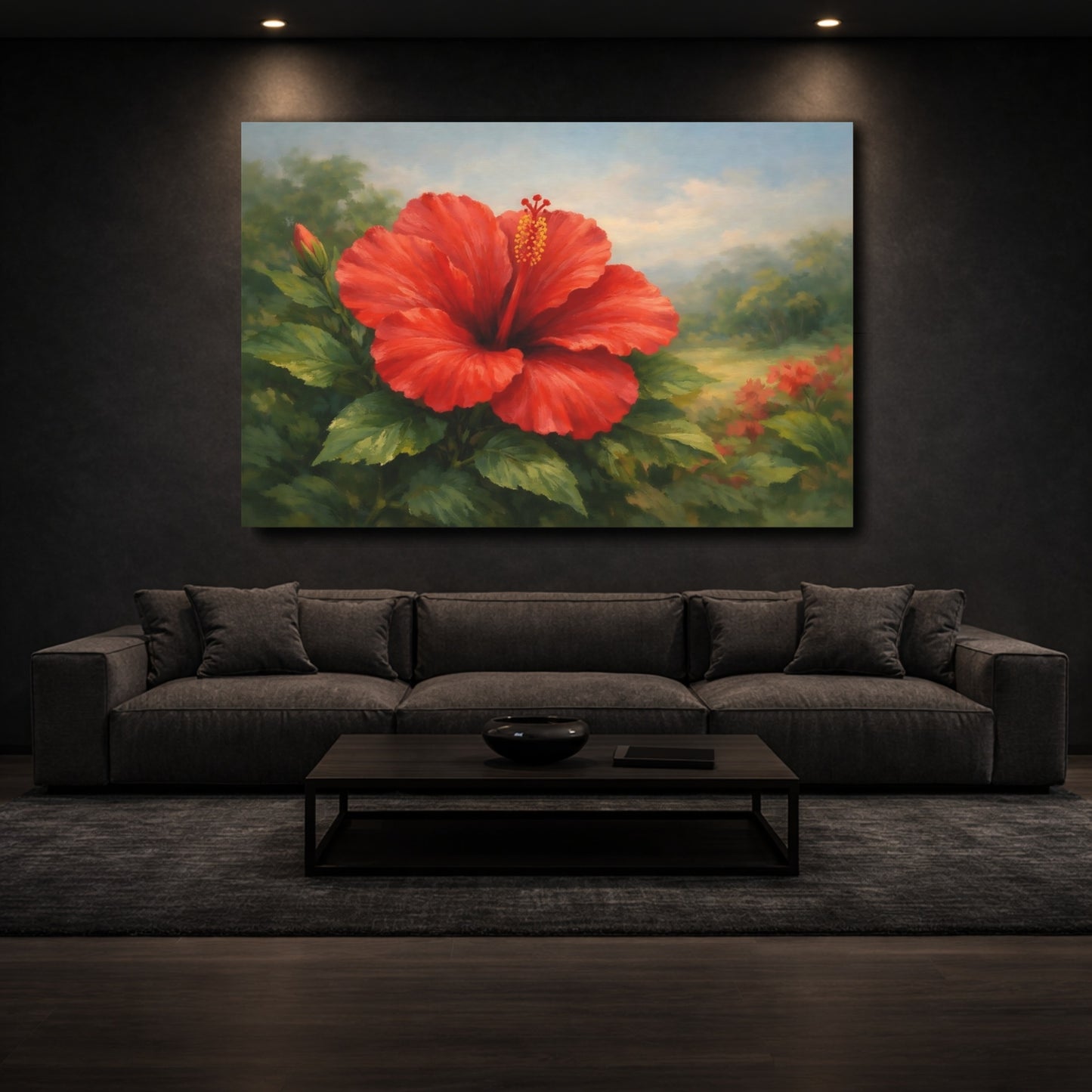 Mockup 2. Floral Red Hibiscus Red Hibiscus shown as stretched canvas wall art