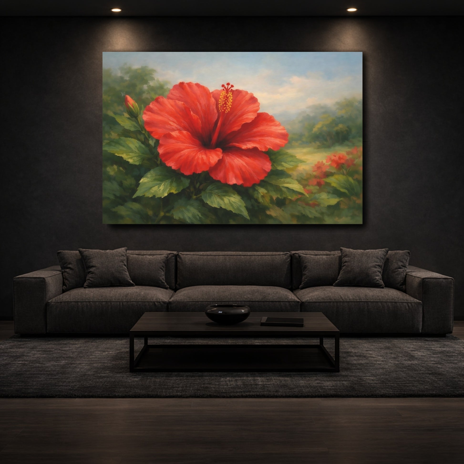 Mockup 2. Floral Red Hibiscus Red Hibiscus shown as stretched canvas wall art