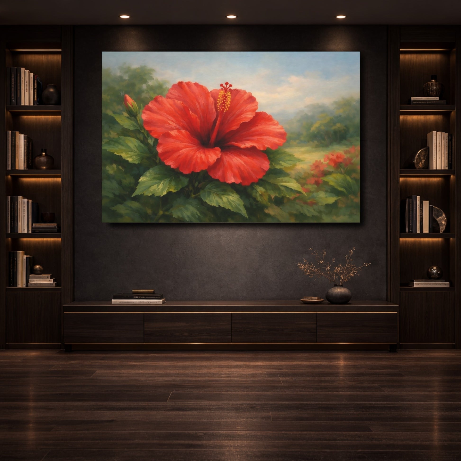 Mockup 3. Floral Red Hibiscus Red Hibiscus shown as stretched canvas wall art