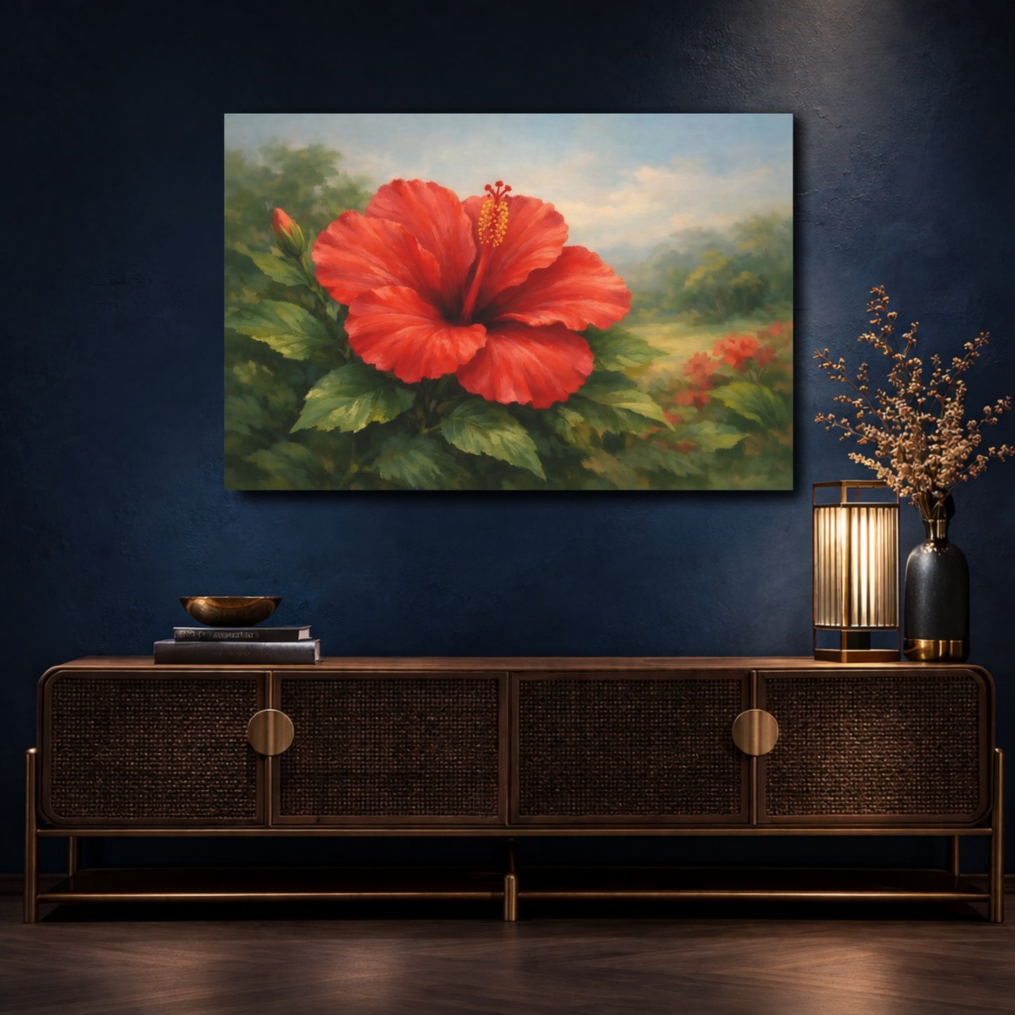 Mockup 4. Floral Red Hibiscus Red Hibiscus shown as stretched canvas wall art