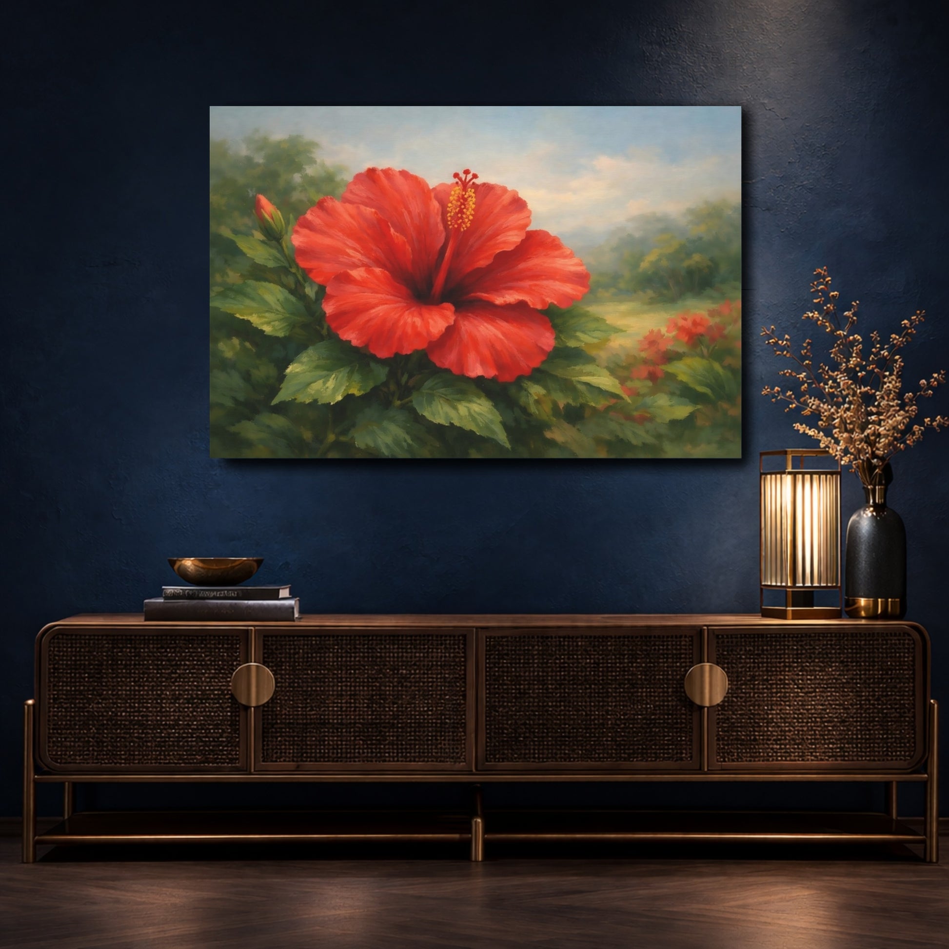 Mockup 4. Floral Red Hibiscus Red Hibiscus shown as stretched canvas wall art