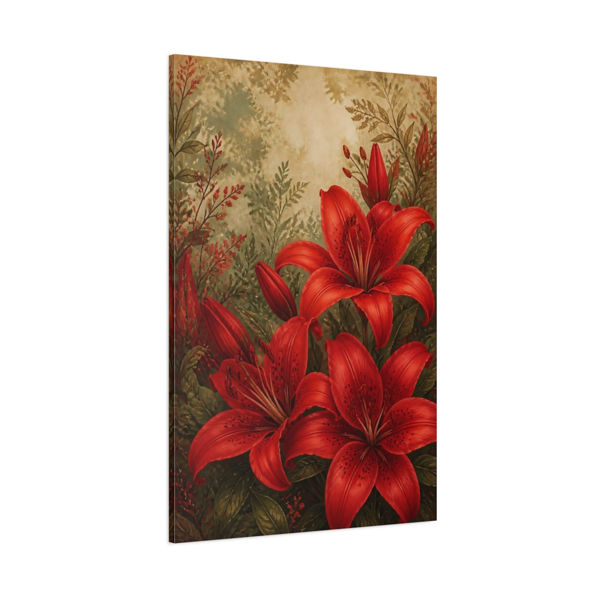 Side Mockup 1. Floral Red Lilies Red Floral shown as canvas print