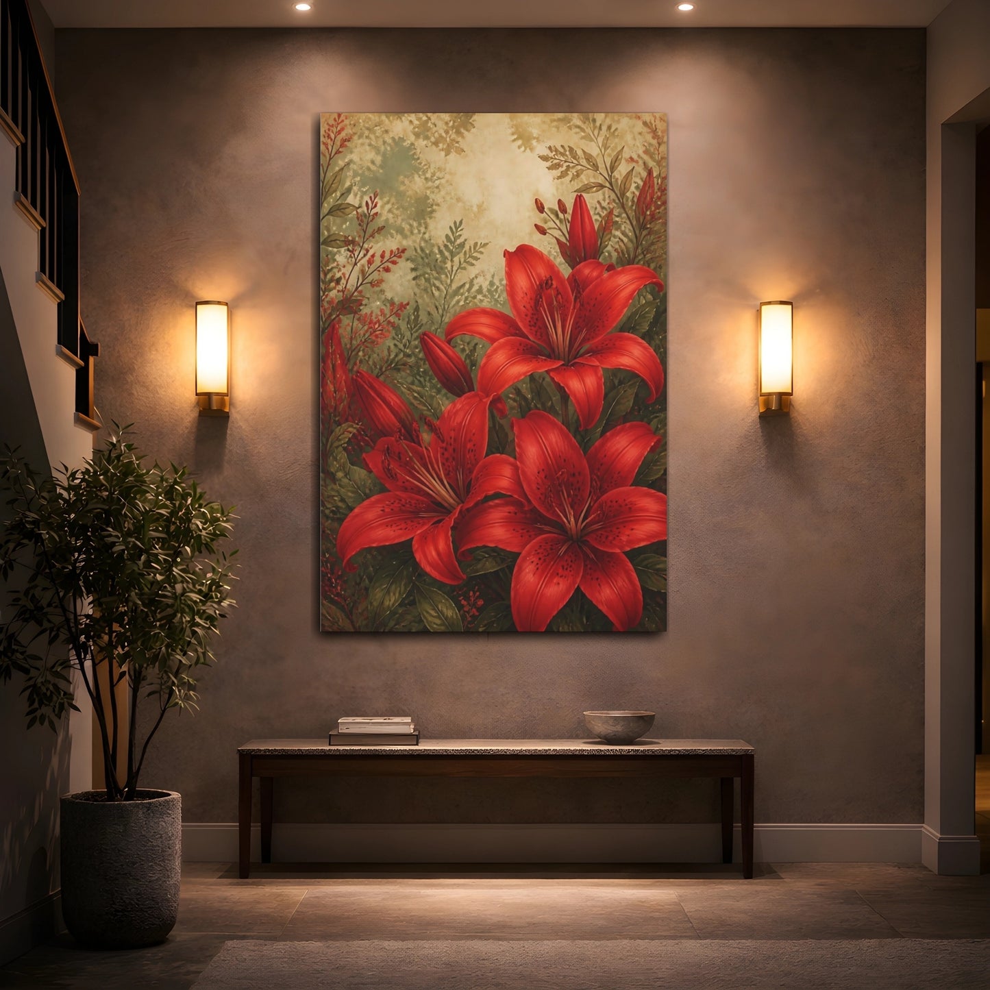 Mockup 2. Floral Red Lilies Red Floral shown as canvas print