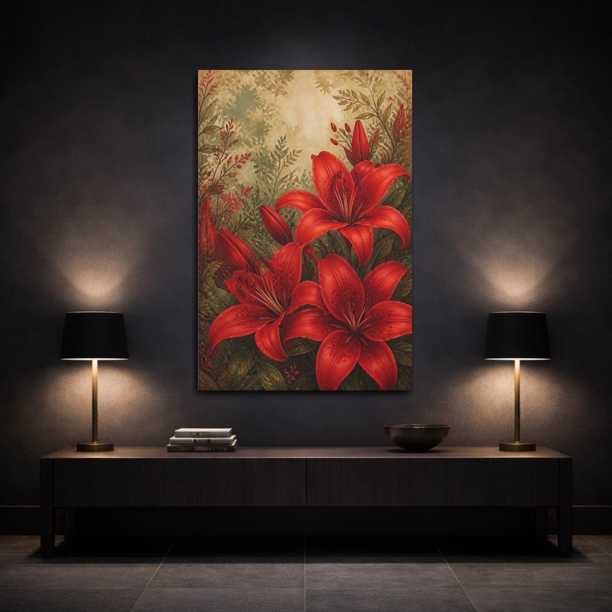 Mockup 3. Floral Red Lilies Red Floral shown as canvas print