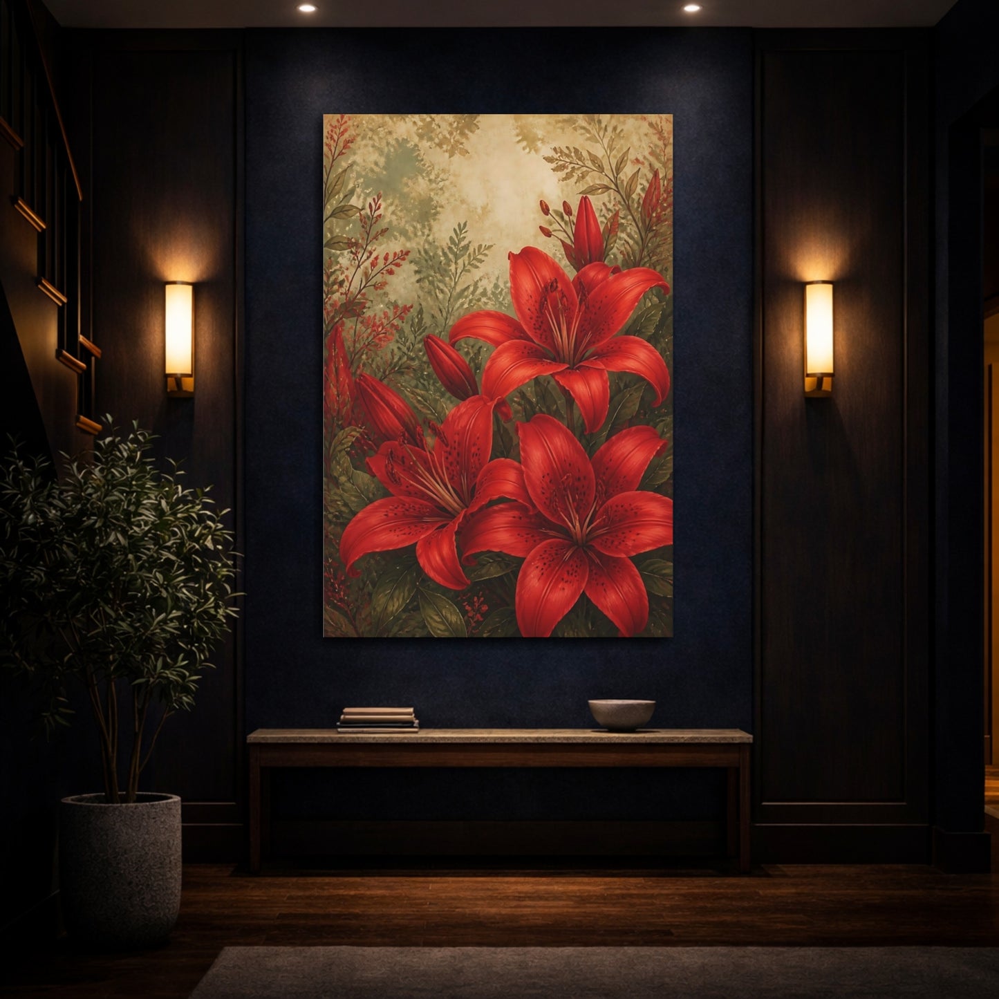 Mockup 4. Floral Red Lilies Red Floral shown as canvas print