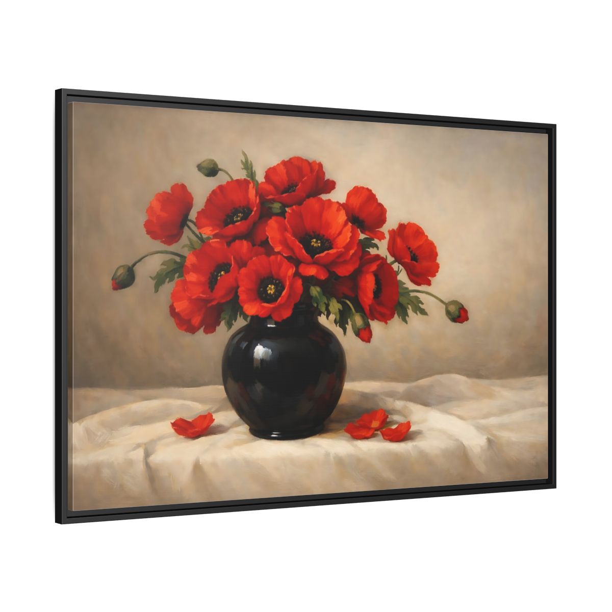 Side Mockup 12. Floral Red Poppies Red Poppy Floral shown as stretched canvas wall art