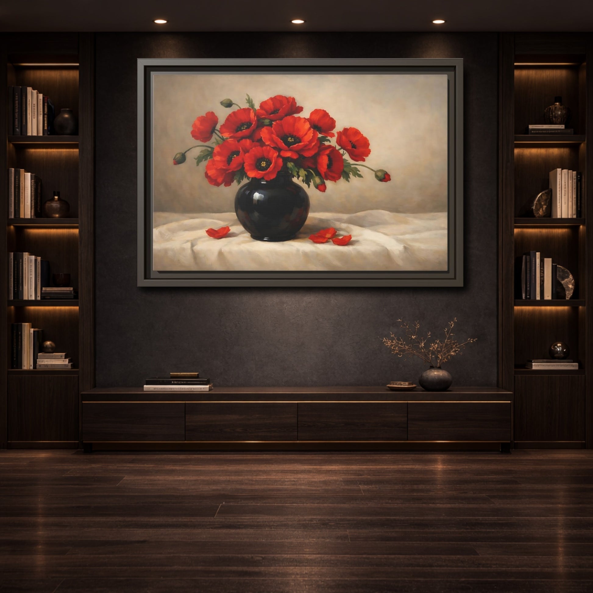 Mockup 3. Floral Red Poppies Red Poppy Floral shown as stretched canvas wall art