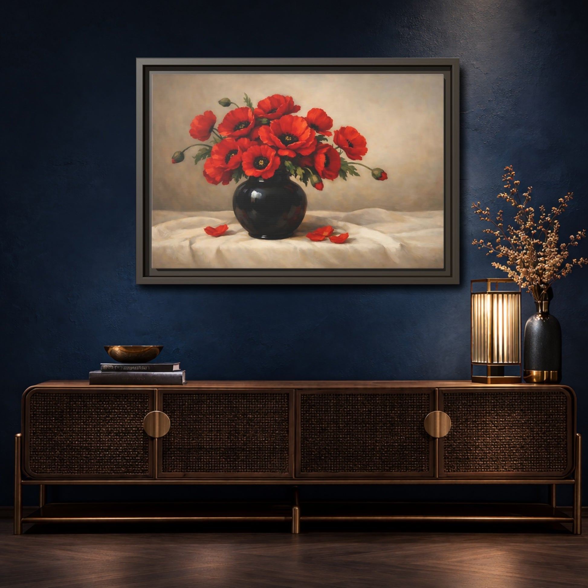 Mockup 4. Floral Red Poppies Red Poppy Floral shown as stretched canvas wall art