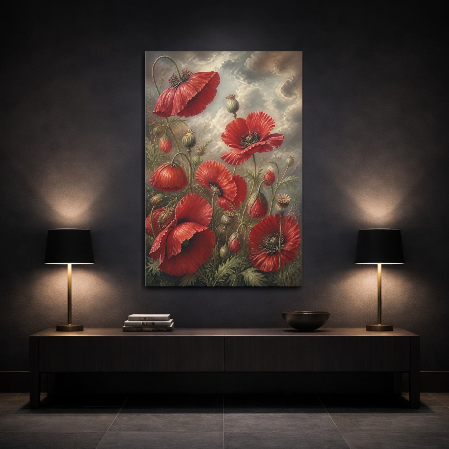 Mockup 3. Floral Red Poppies shown as canvas print