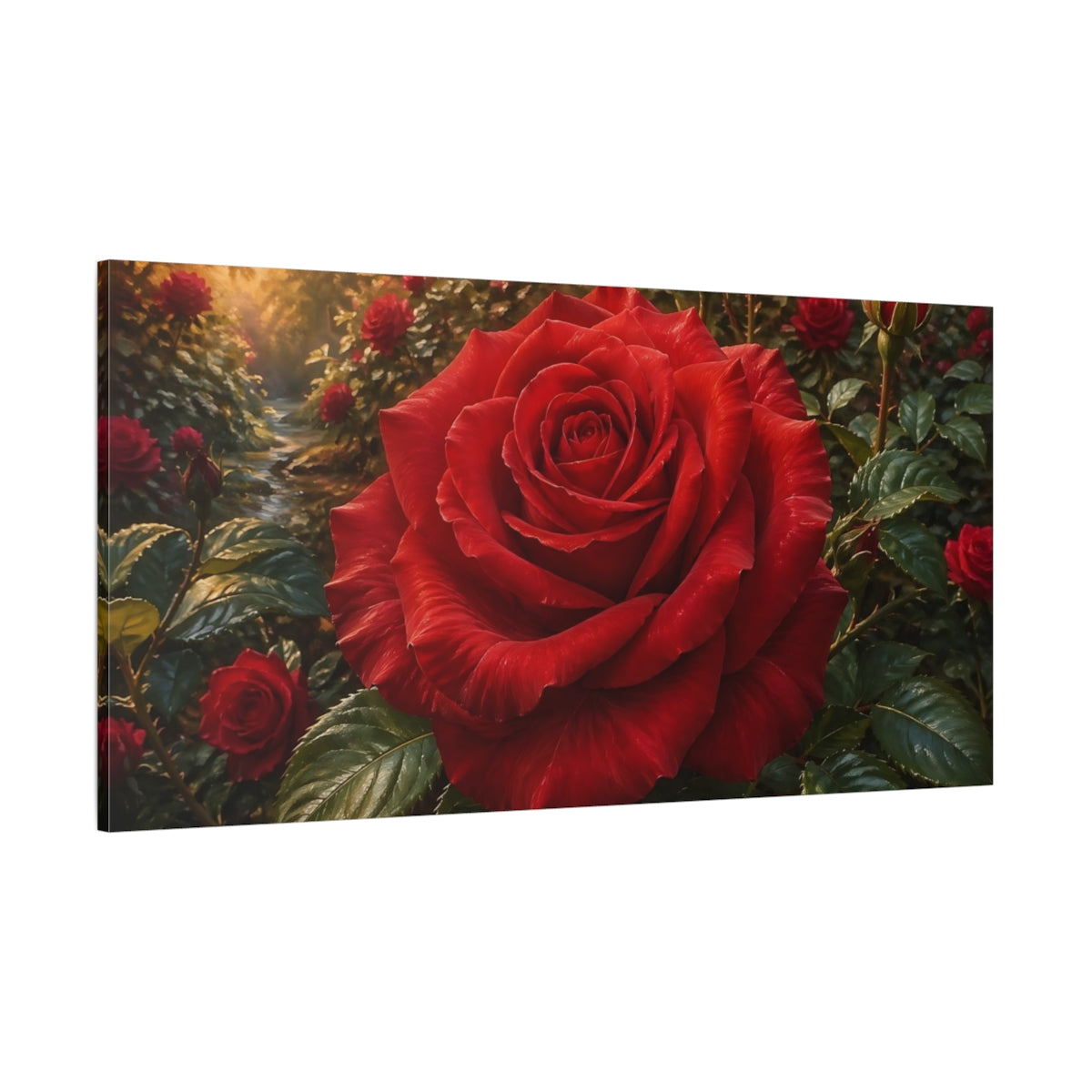 Side Mockup 2. Floral Red Rose Red Floral shown as stretched canvas wall art