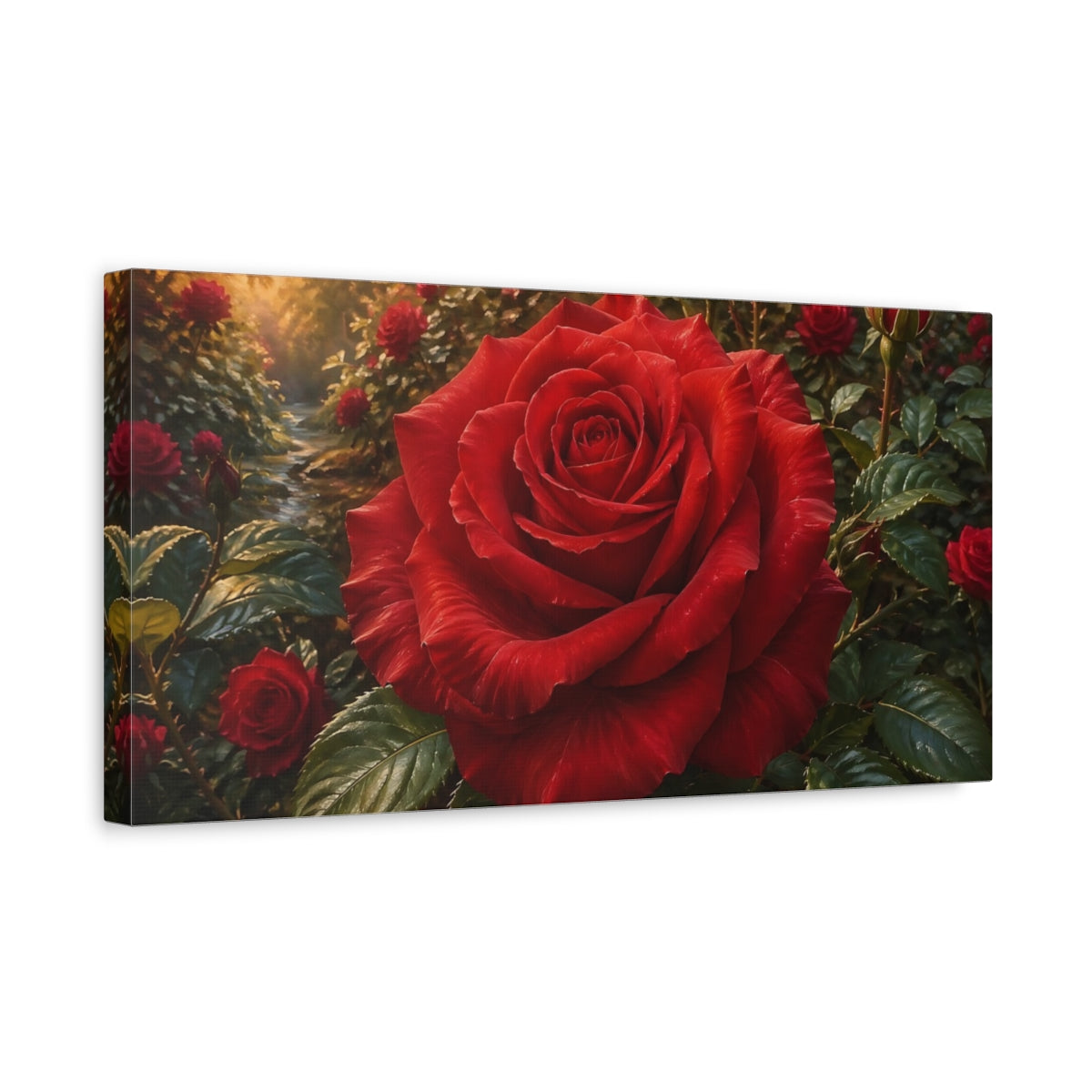Side Mockup 3. Floral Red Rose Red Floral shown as stretched canvas wall art