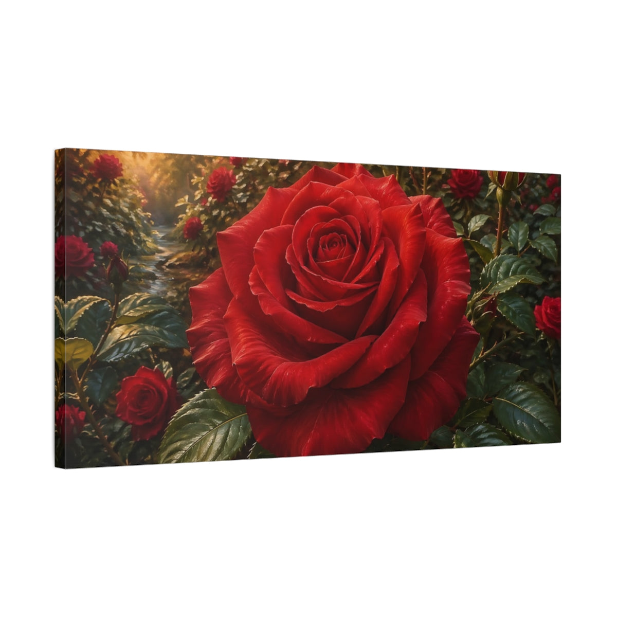 Side Mockup 1. Floral Red Rose Red Floral shown as stretched canvas wall art