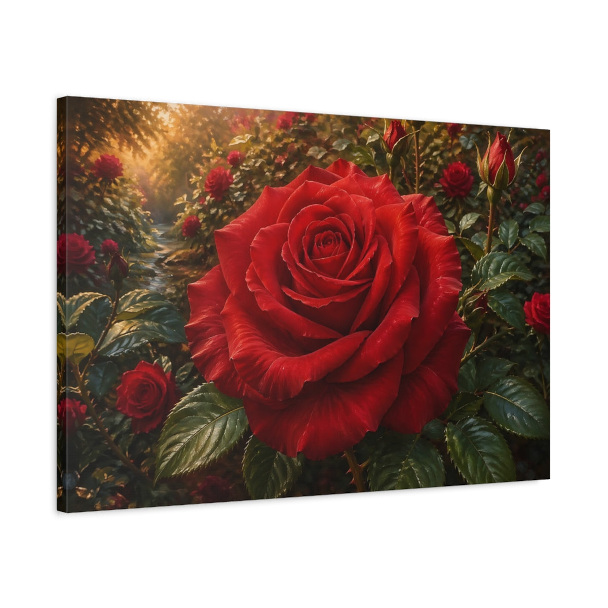 Side Mockup 2. Floral Red Rose Red Rose Garden shown as stretched canvas wall art