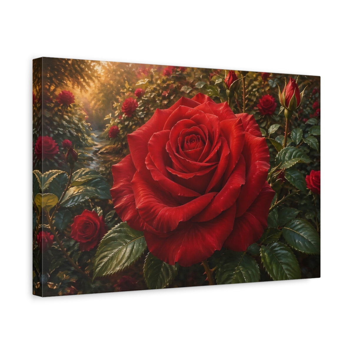 Side Mockup 4. Floral Red Rose Red Rose Garden shown as stretched canvas wall art