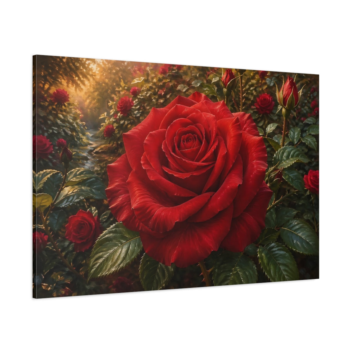 Side Mockup 1. Floral Red Rose Red Rose Garden shown as stretched canvas wall art