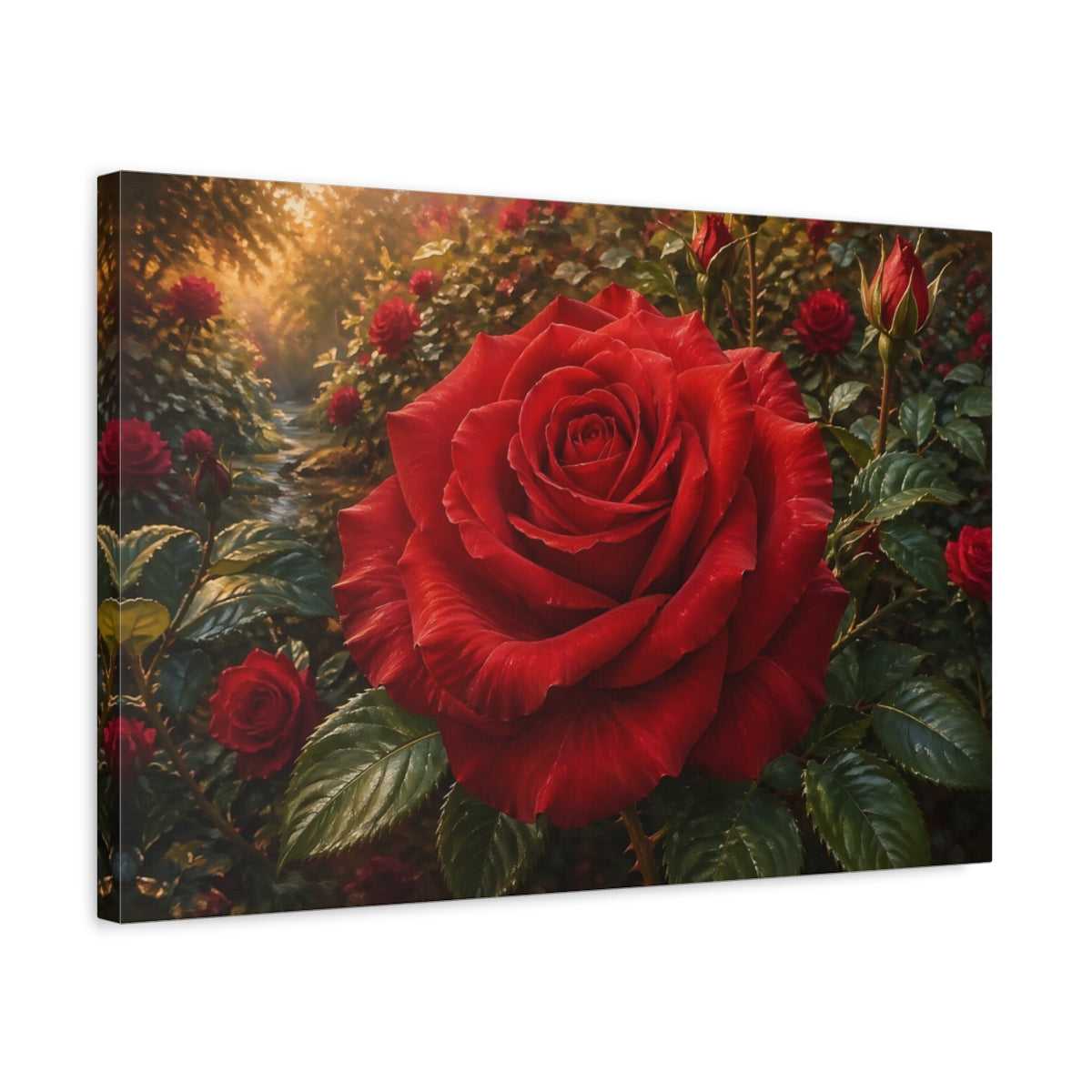 Side Mockup 3. Floral Red Rose Red Rose Garden shown as stretched canvas wall art