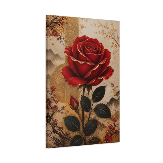 Floral Red Rose Gold Canvas Wall Art Print – Chinoiserie Living Room, Large - YesArtYes