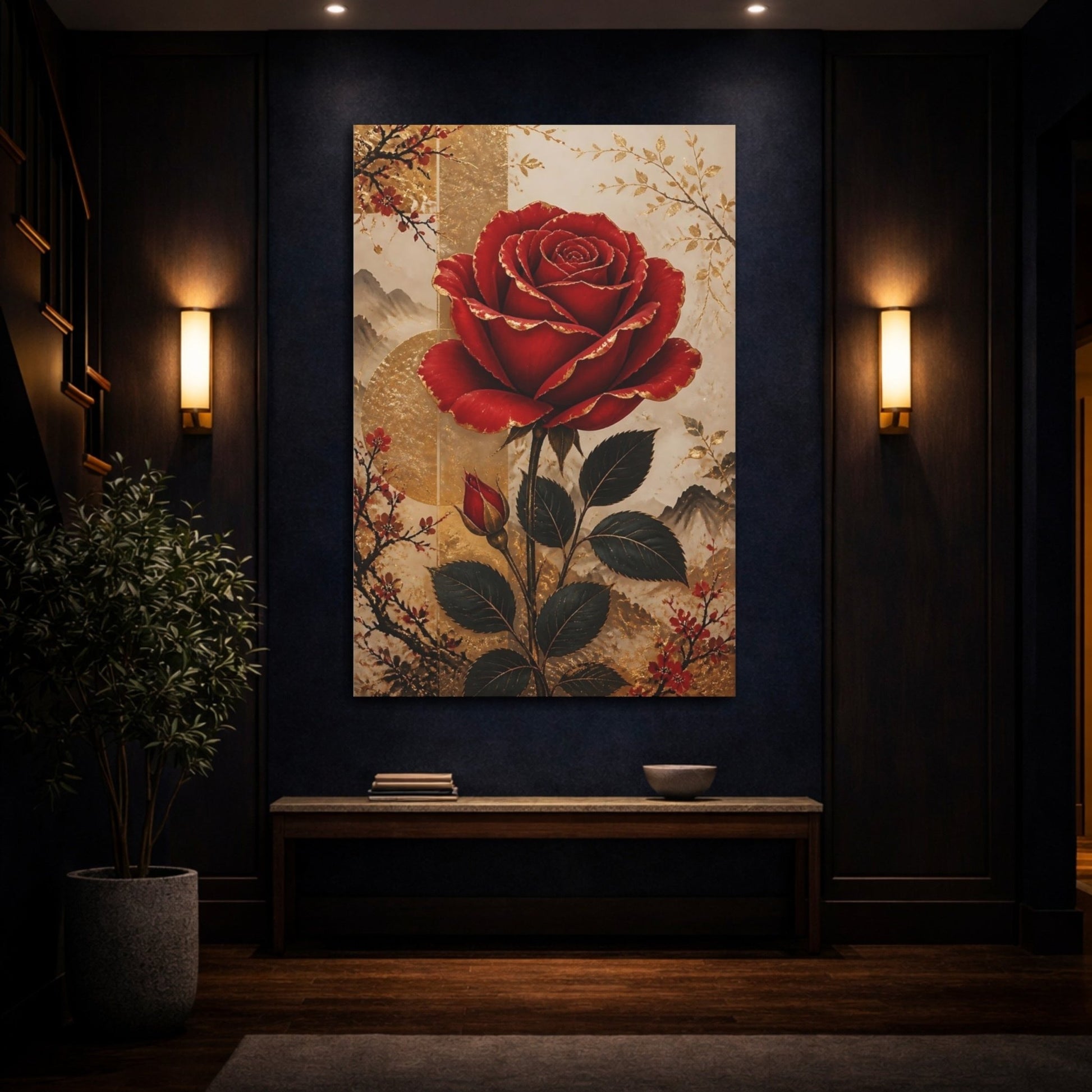 Floral Red Rose Gold Canvas Wall Art Print – Chinoiserie Living Room, Large - YesArtYes