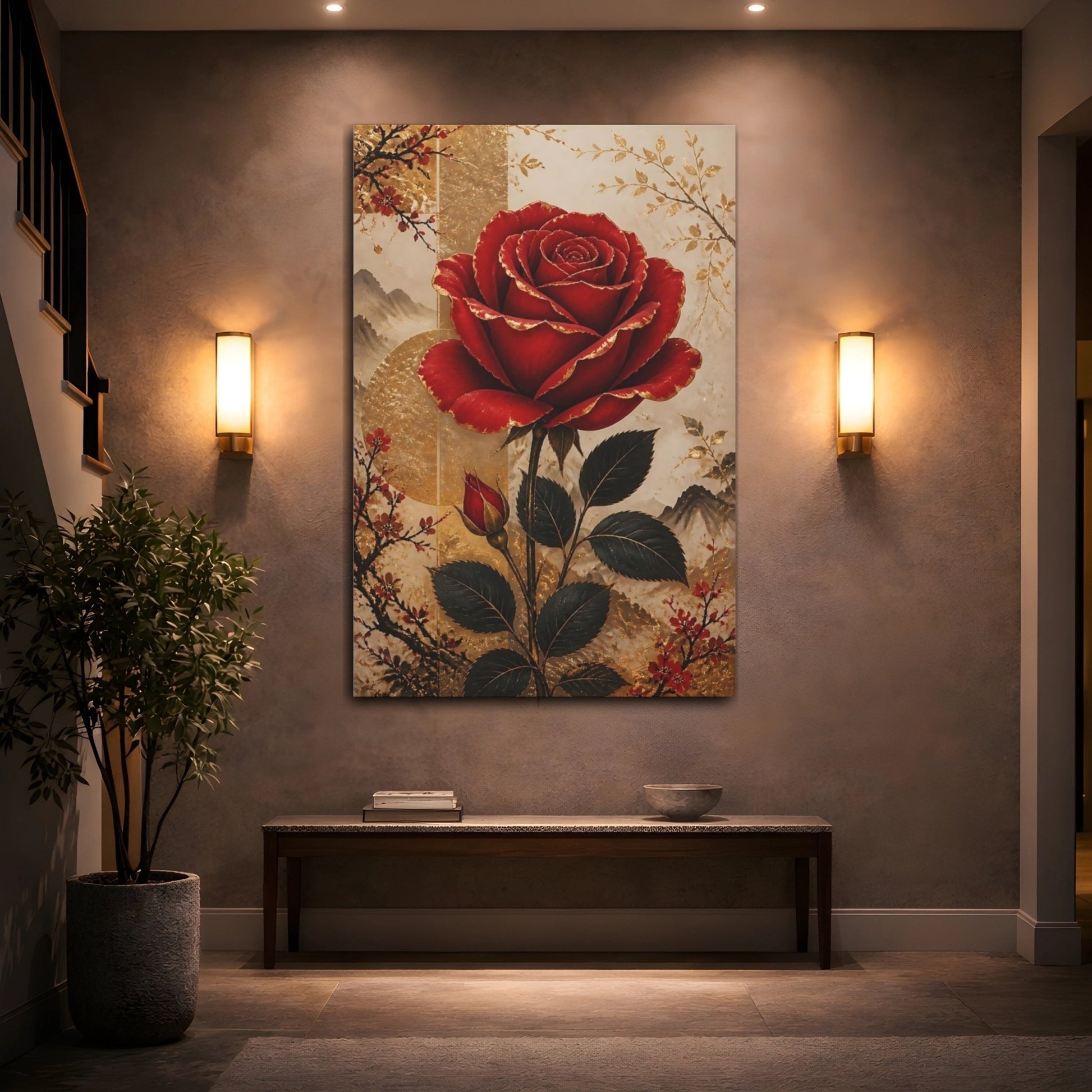 Floral Red Rose Gold Canvas Wall Art Print – Chinoiserie Living Room, Large - YesArtYes