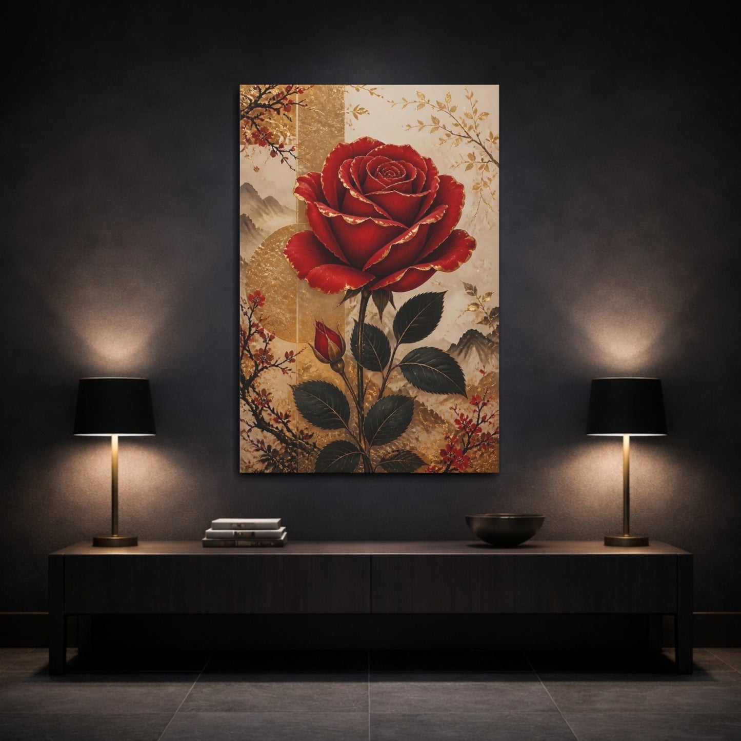 Floral Red Rose Gold Canvas Wall Art Print – Chinoiserie Living Room, Large - YesArtYes