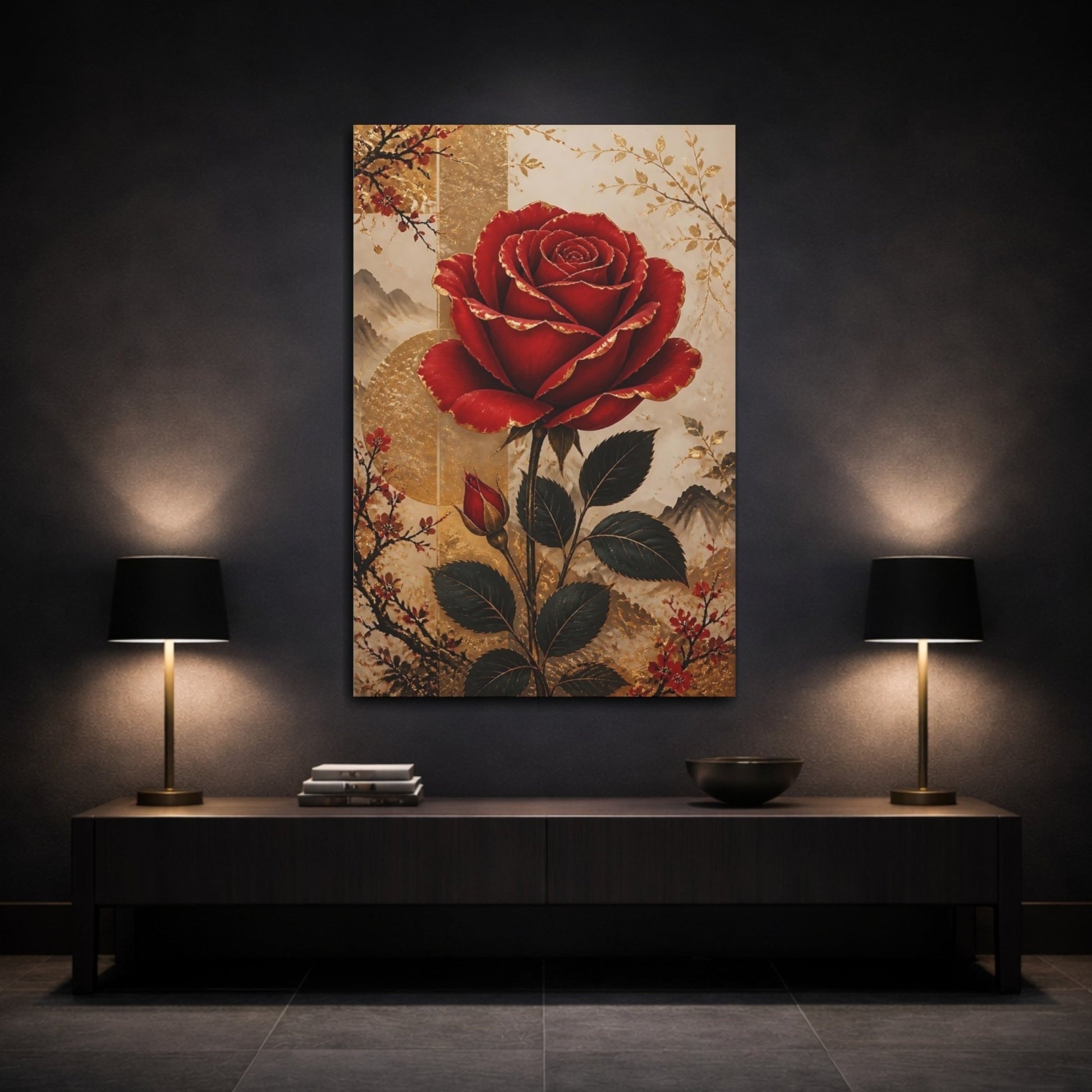 Floral Red Rose Gold Canvas Wall Art Print – Chinoiserie Living Room, Large - YesArtYes