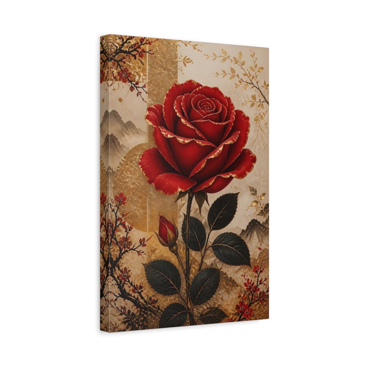 Floral Red Rose Gold Canvas Wall Art Print – Chinoiserie Living Room, Large - YesArtYes