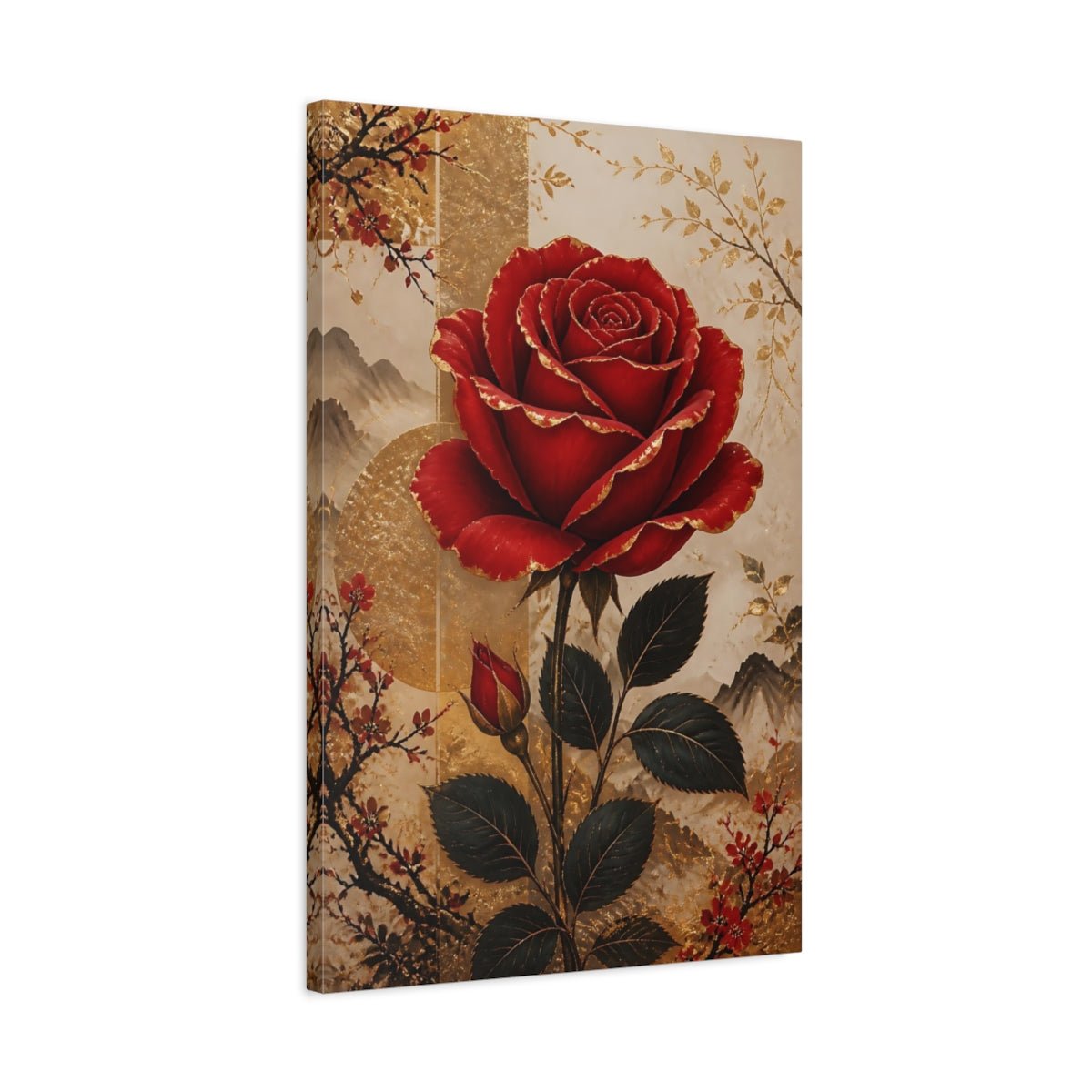 Floral Red Rose Gold Canvas Wall Art Print – Chinoiserie Living Room, Large - YesArtYes