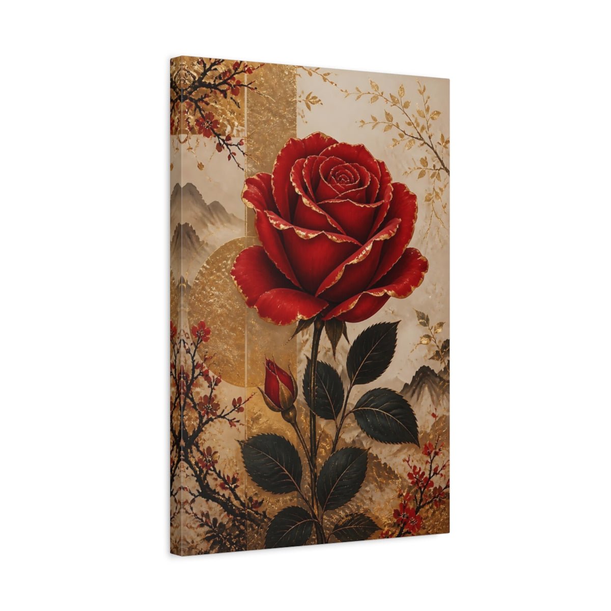 Floral Red Rose Gold Canvas Wall Art Print – Chinoiserie Living Room, Large - YesArtYes